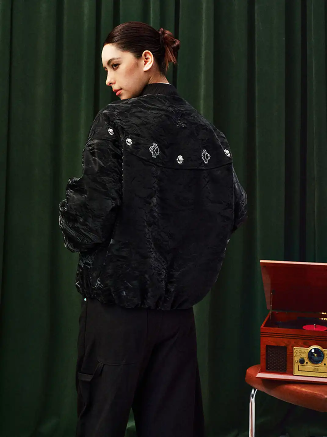 YADcrew | Jewelry-Studded Embroidered Leather Jacket