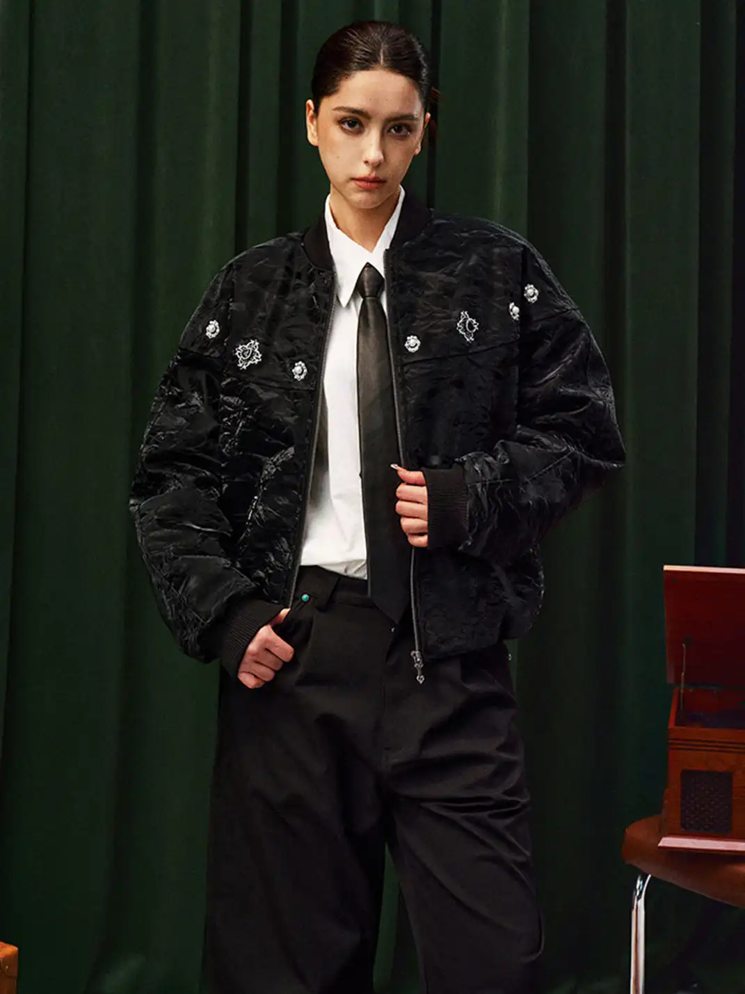 YADcrew | Jewelry-Studded Embroidered Leather Jacket