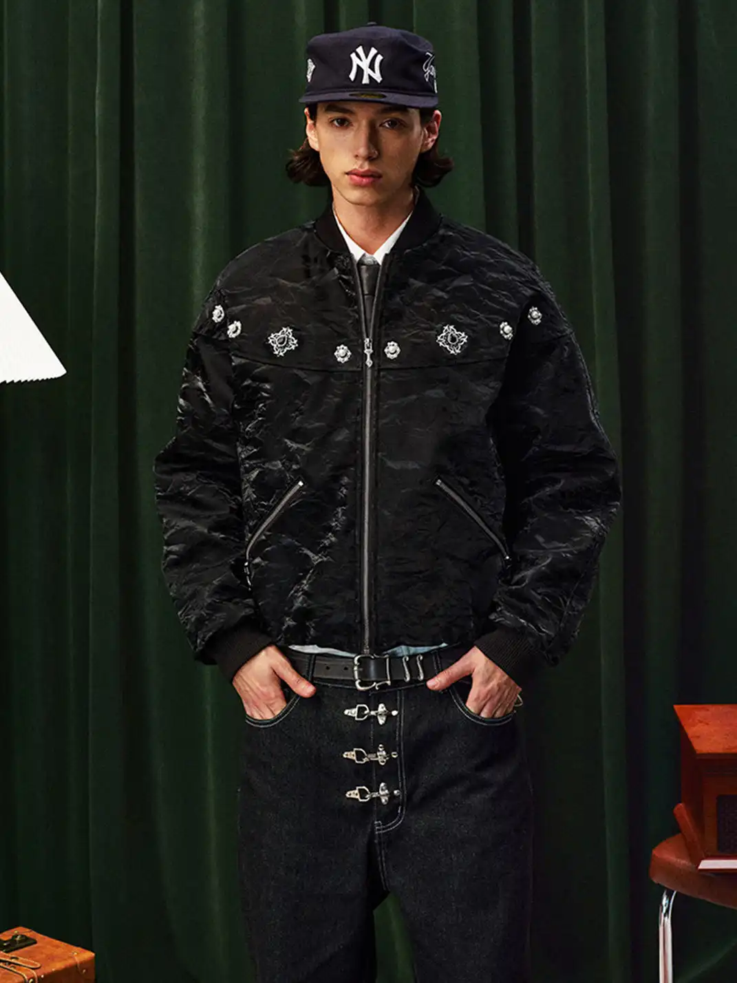 YADcrew | Jewelry-Studded Embroidered Leather Jacket