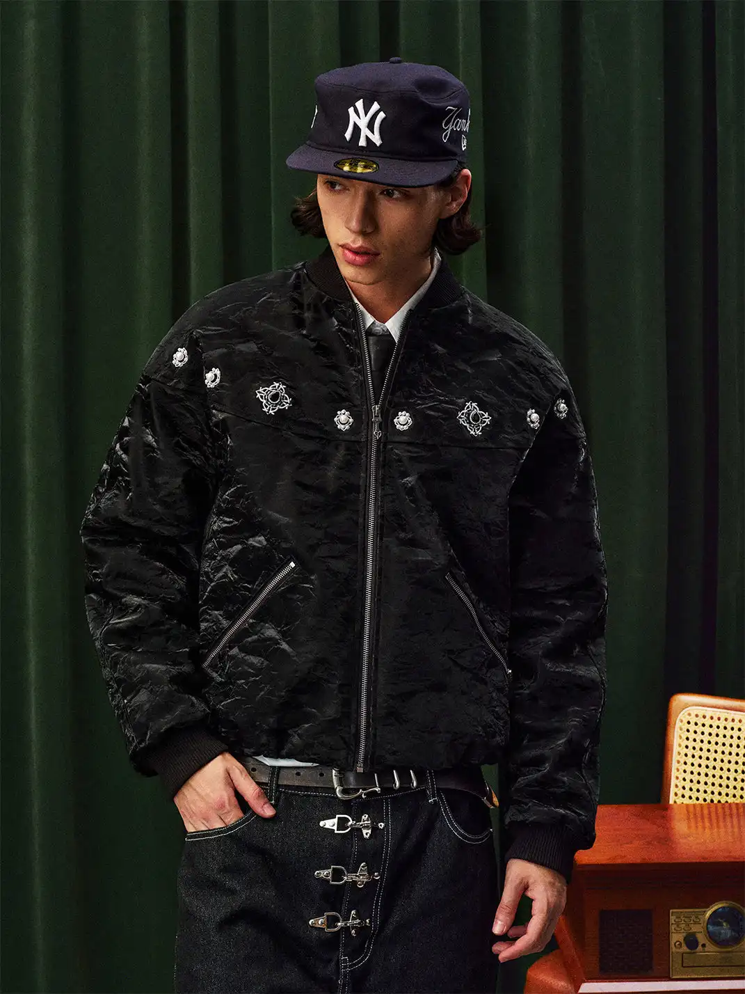 YADcrew | Jewelry-Studded Embroidered Leather Jacket