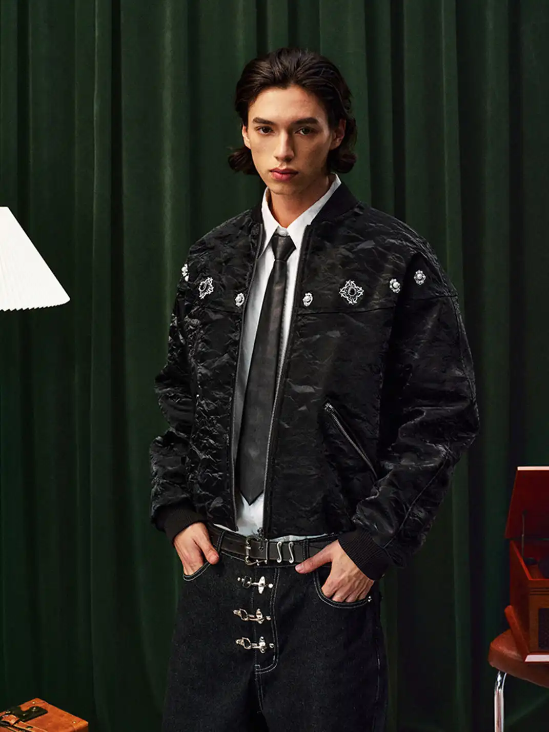 YADcrew | Jewelry-Studded Embroidered Leather Jacket