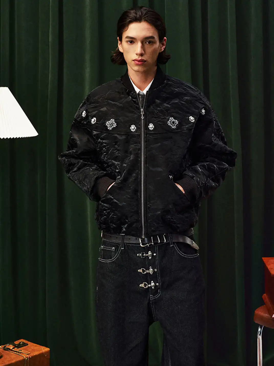 YADcrew | Jewelry-Studded Embroidered Leather Jacket