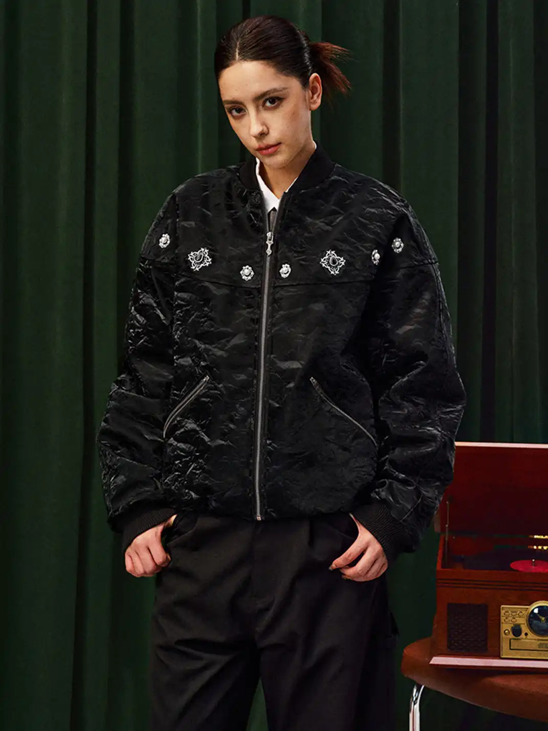 YADcrew | Jewelry-Studded Embroidered Leather Jacket