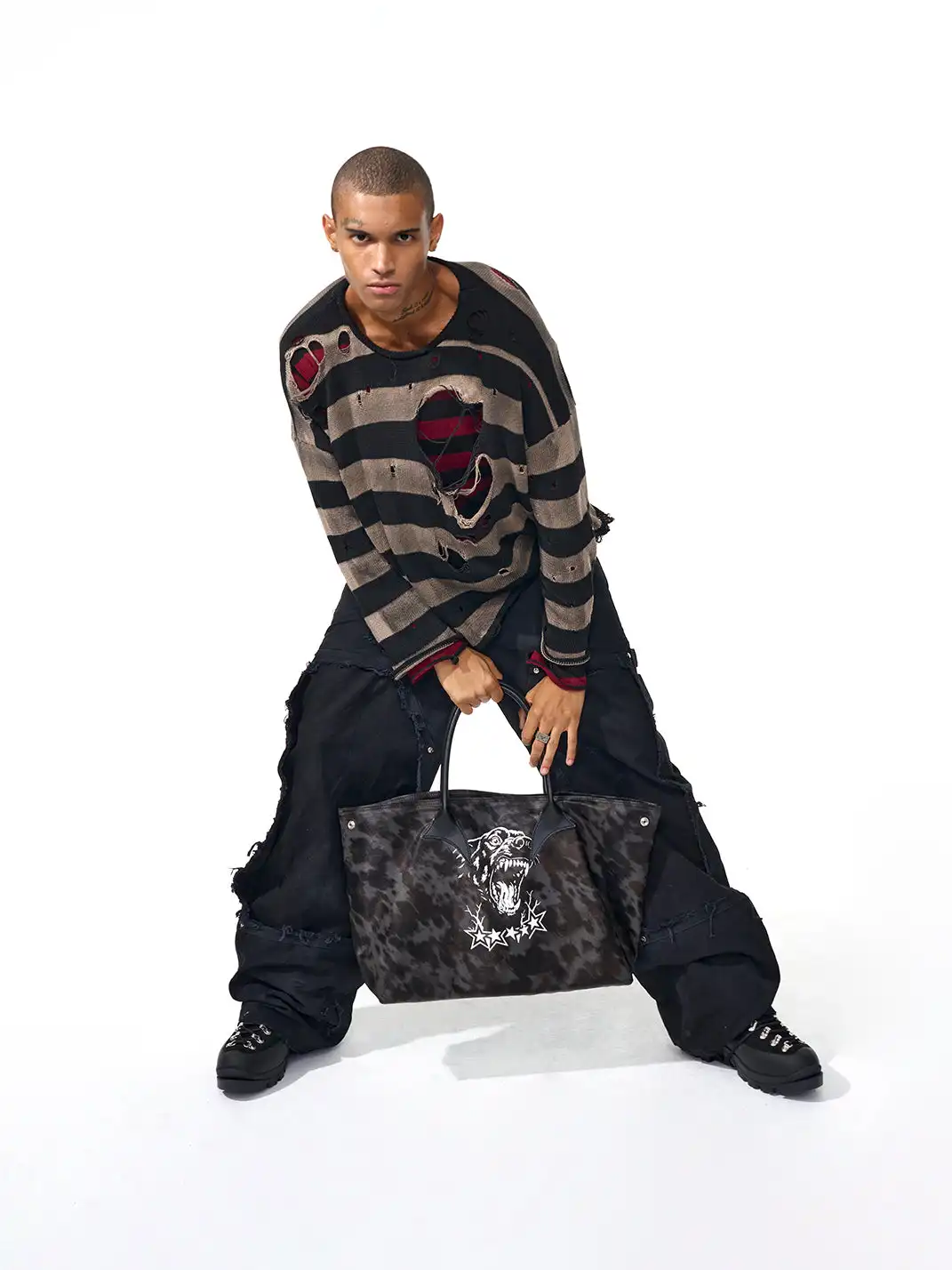 Fourth3ex | Distressed Striped Knit Long Sleeve Sweater