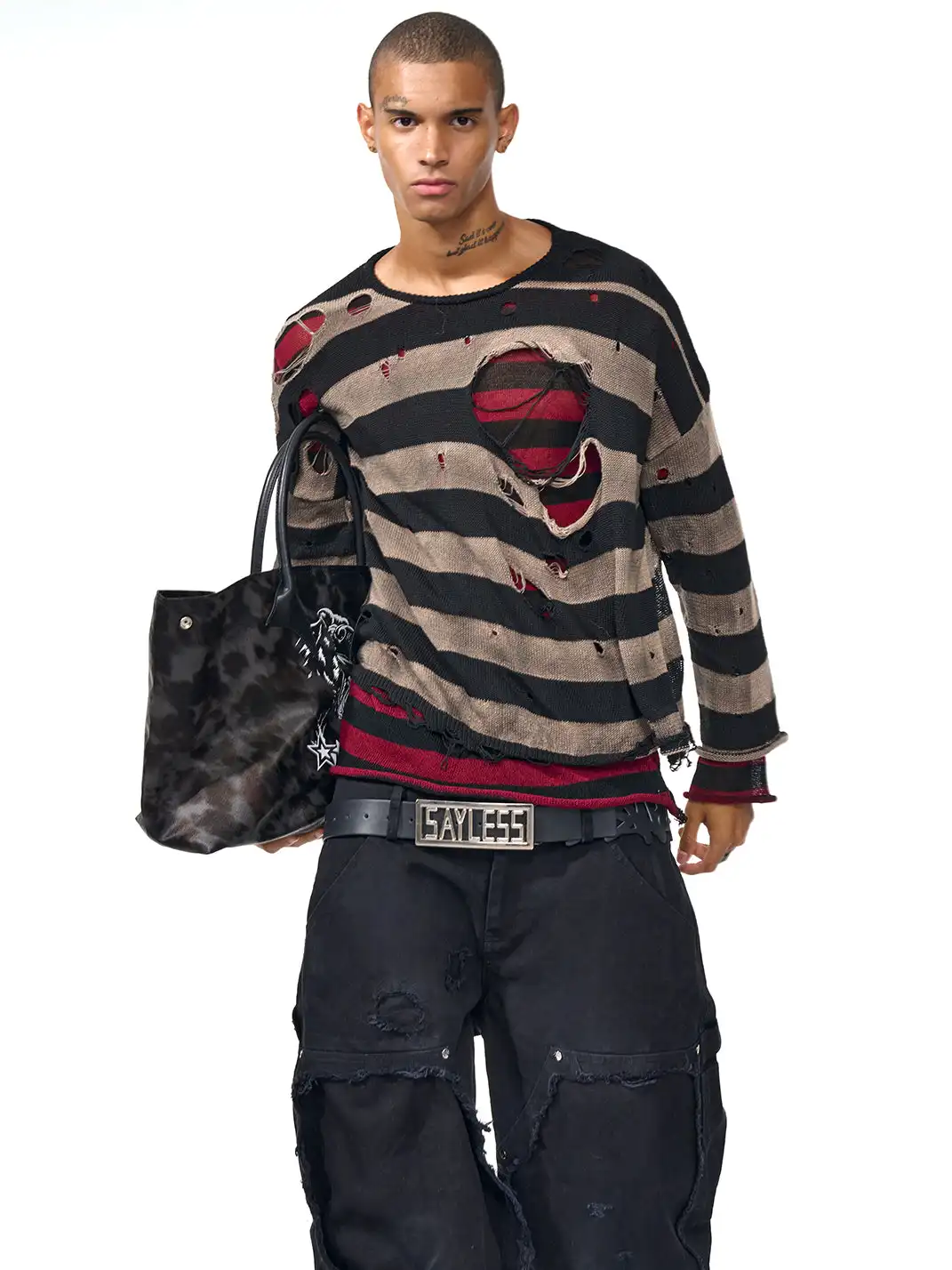 Fourth3ex | Distressed Striped Knit Long Sleeve Sweater