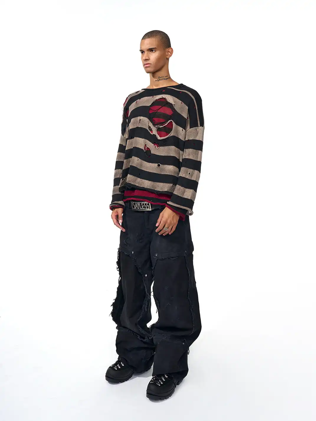 Fourth3ex | Distressed Striped Knit Long Sleeve Sweater