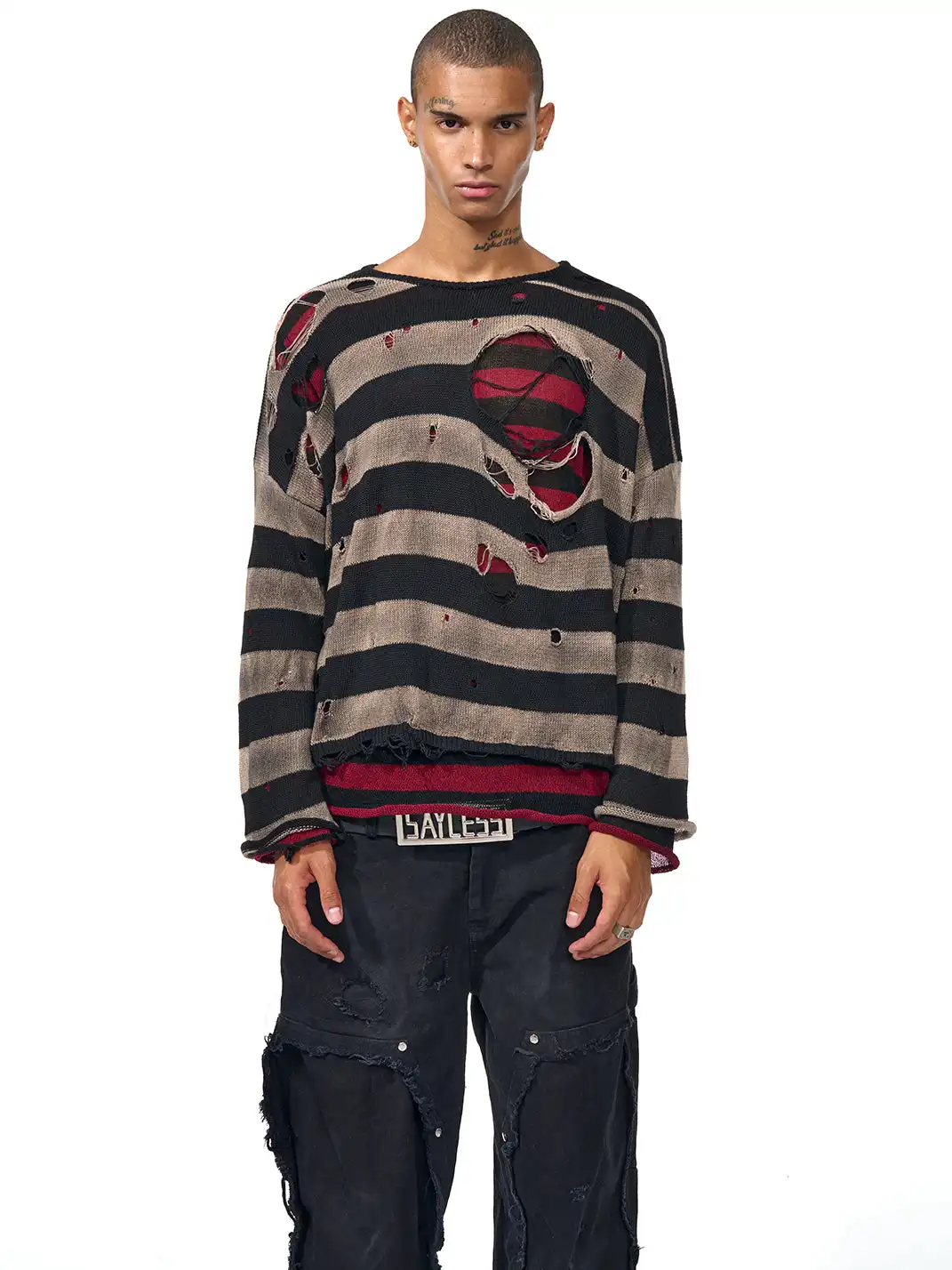 Fourth3ex | Distressed Striped Knit Long Sleeve Sweater