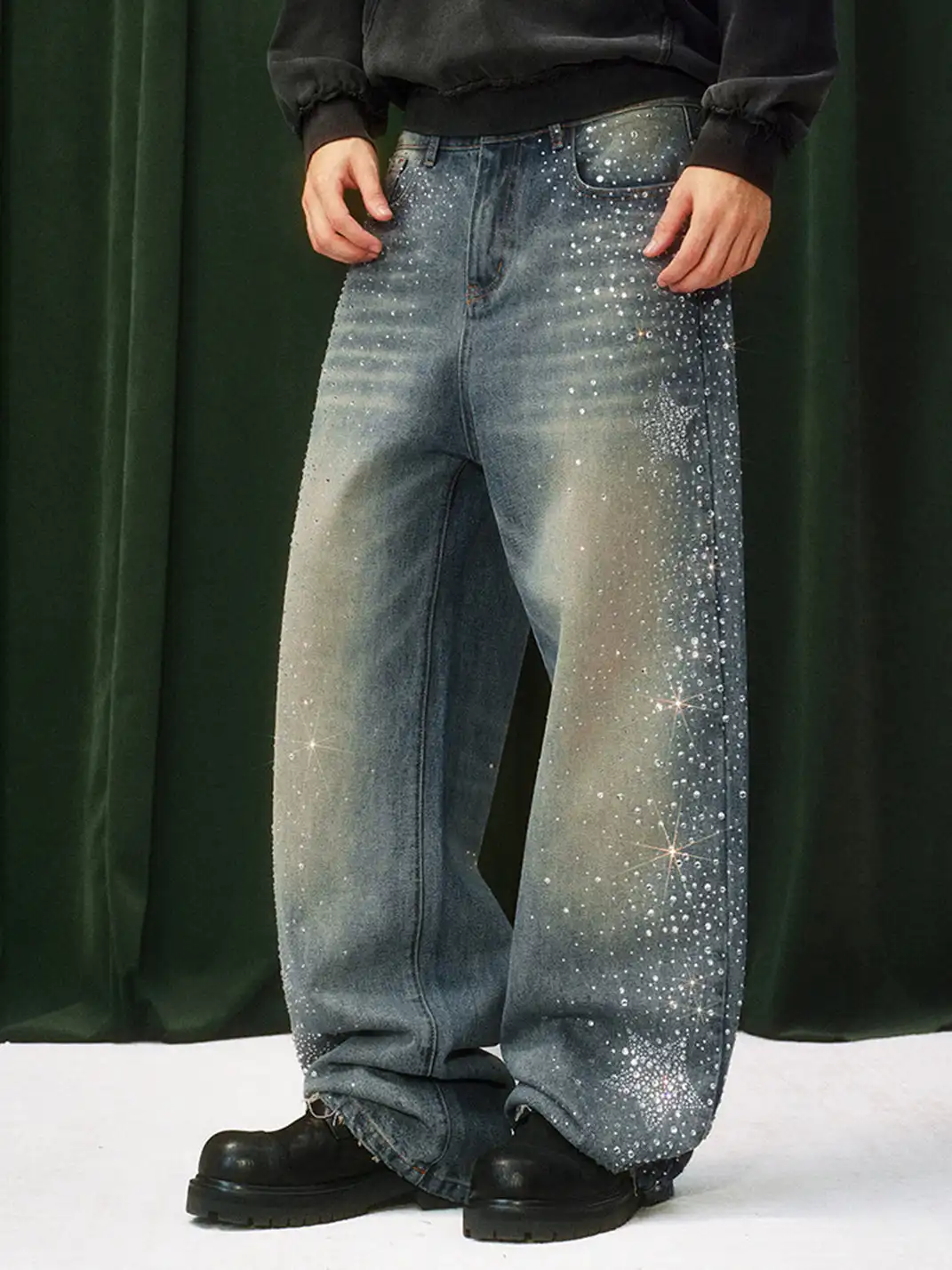 YADcrew | Sequined Rhinestone Straight Leg Jeans
