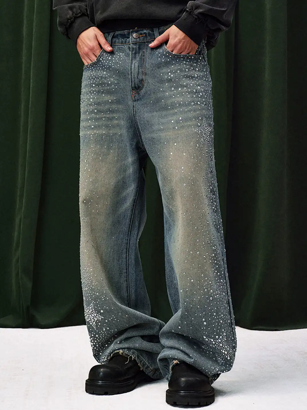 YADcrew | Sequined Rhinestone Straight Leg Jeans