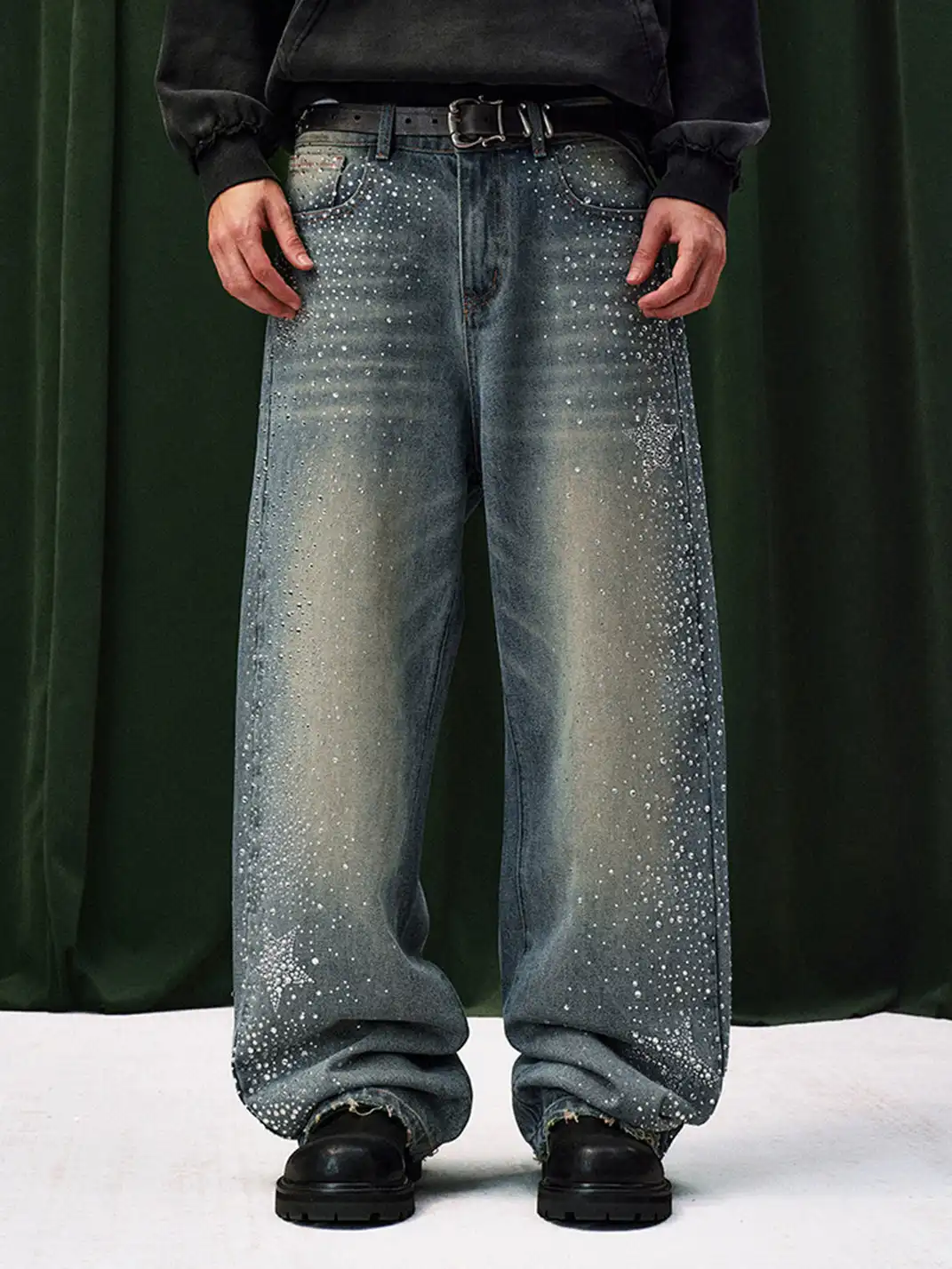 YADcrew | Sequined Rhinestone Straight Leg Jeans