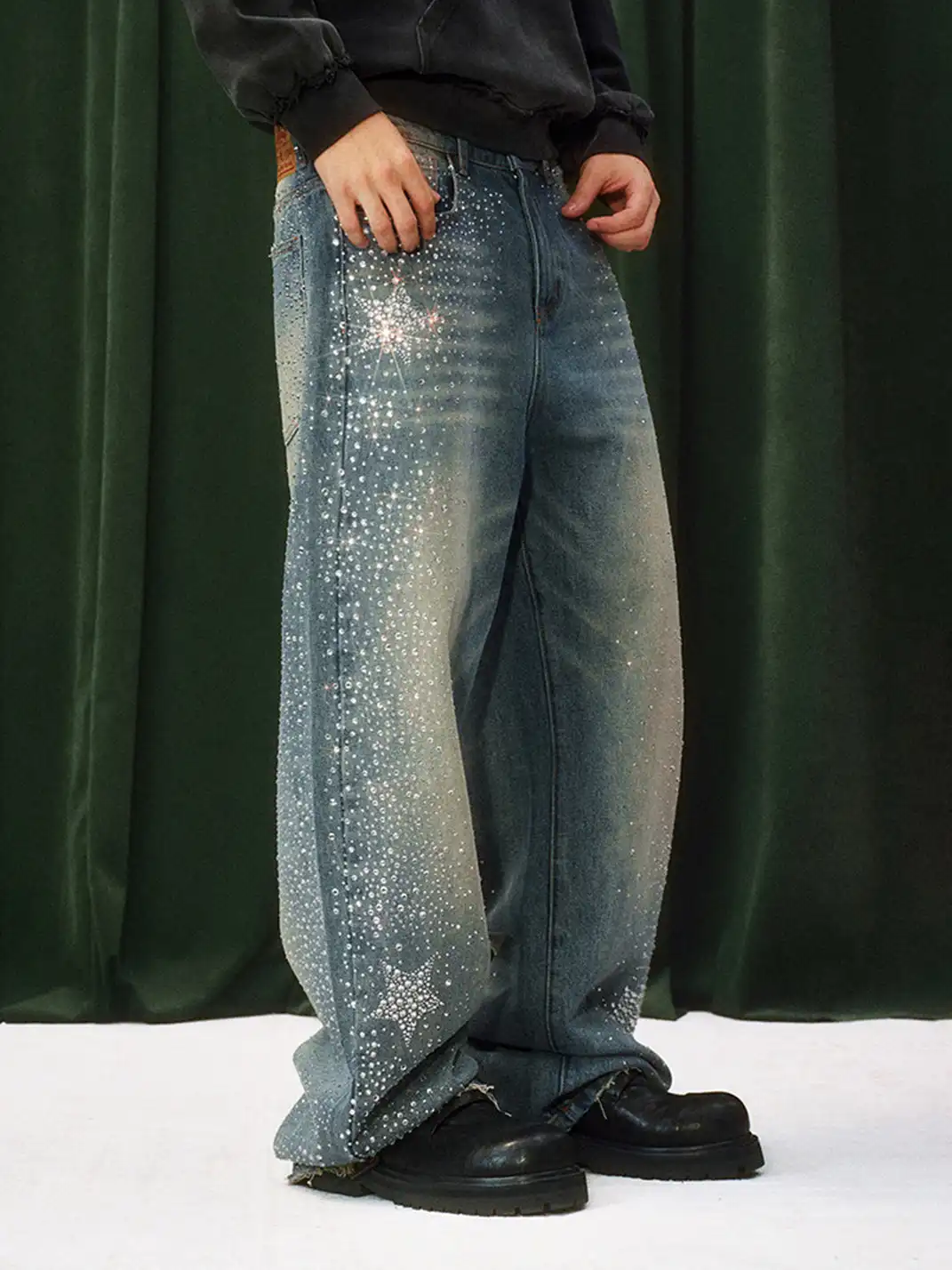 YADcrew | Sequined Rhinestone Straight Leg Jeans