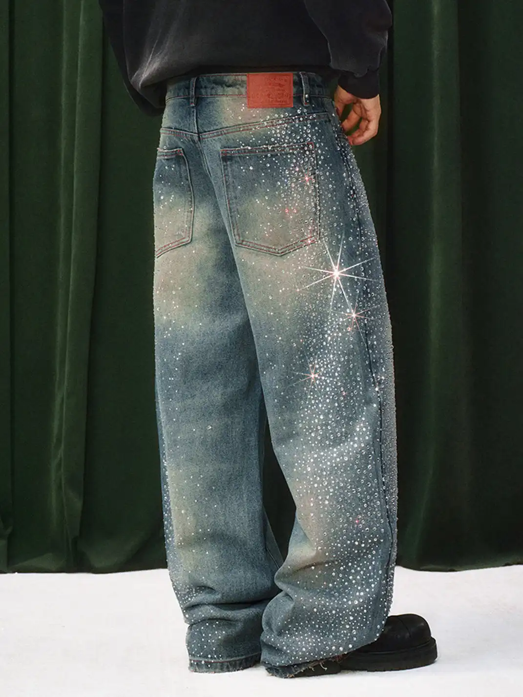 YADcrew | Sequined Rhinestone Straight Leg Jeans