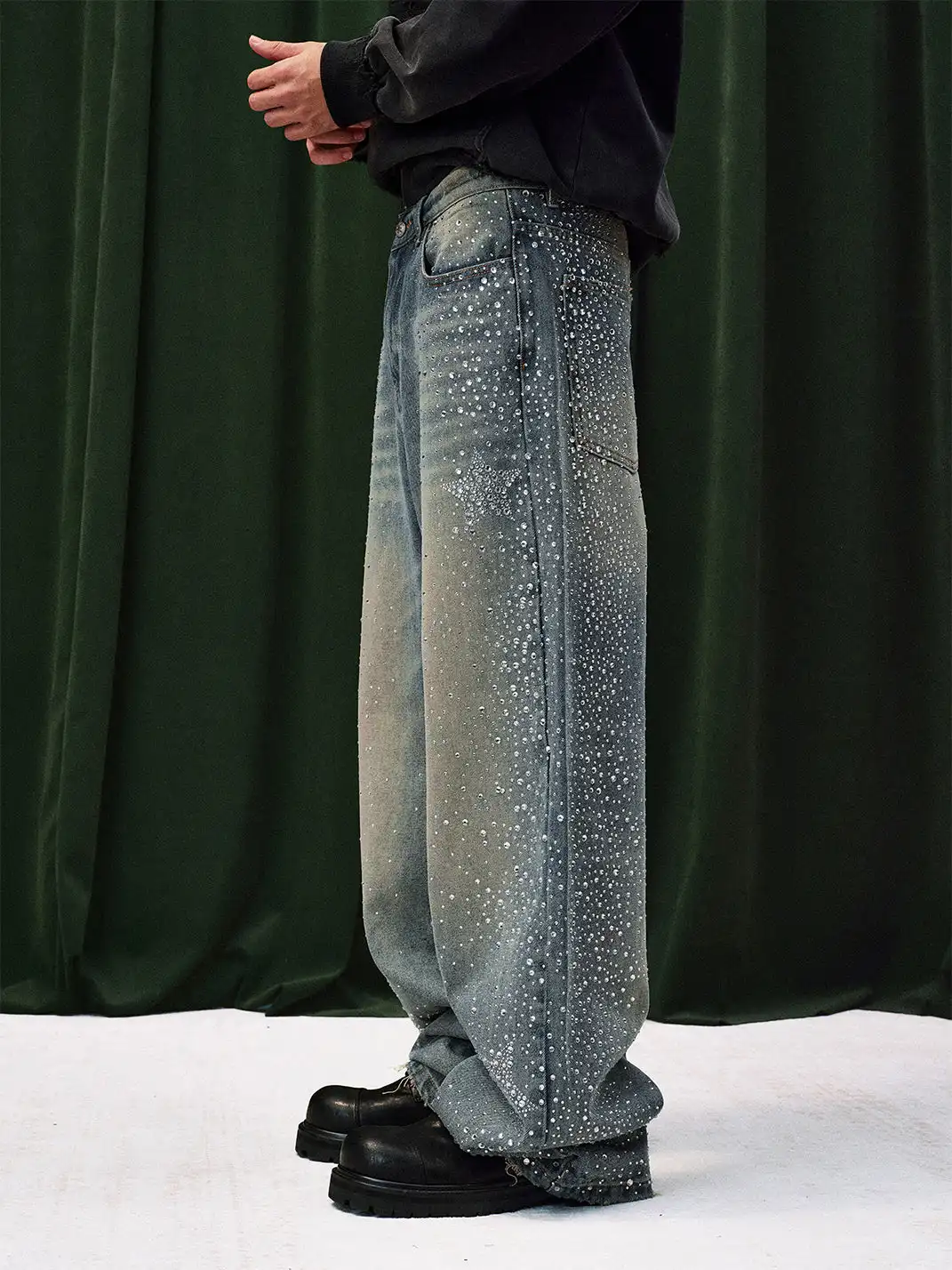 YADcrew | Sequined Rhinestone Straight Leg Jeans