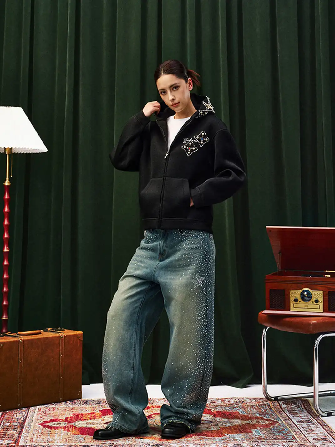 YADcrew | Sequined Rhinestone Straight Leg Jeans