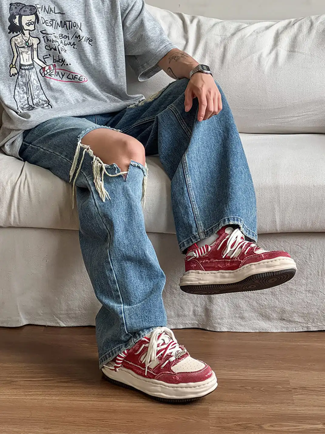 FGMM | Retro Distressed Denim Wavy Sole Sneakers