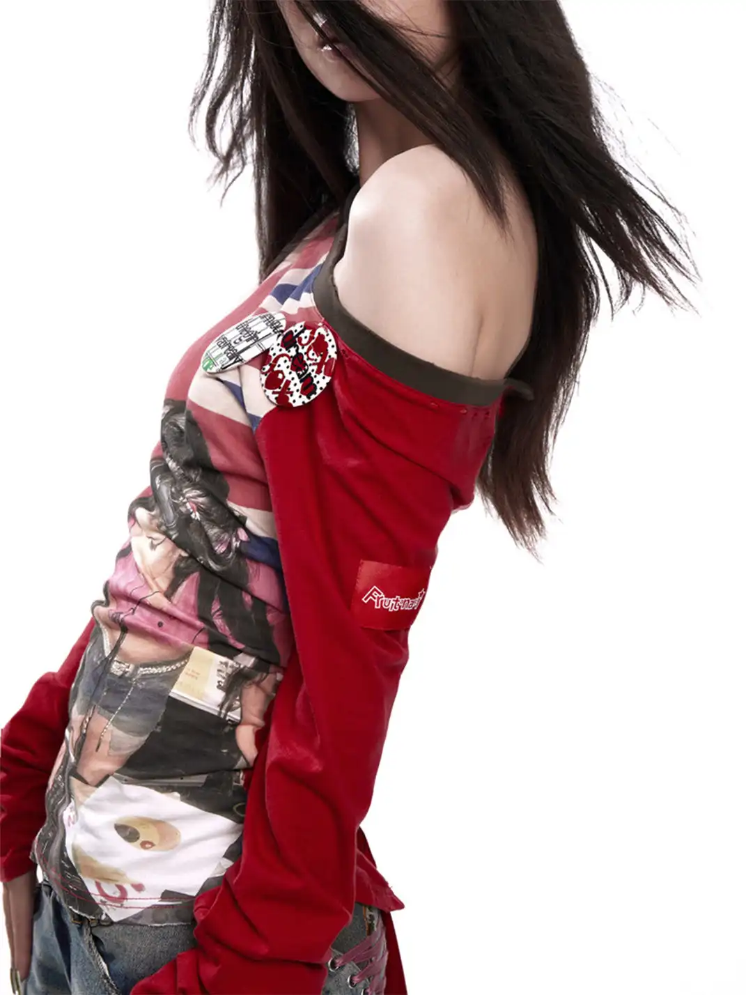 Fruitanari | DJ Print Off-Shoulder Tie Long Sleeve