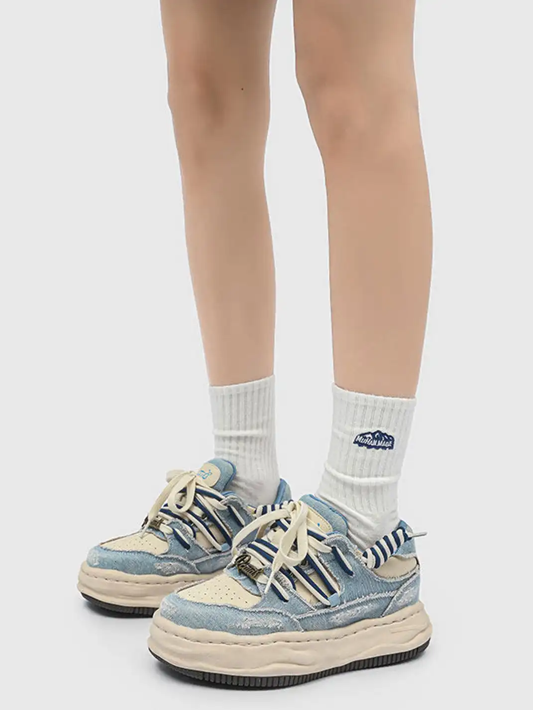 FGMM | Distressed Denim Wavy Sole Sneakers with Dual-Lace Design