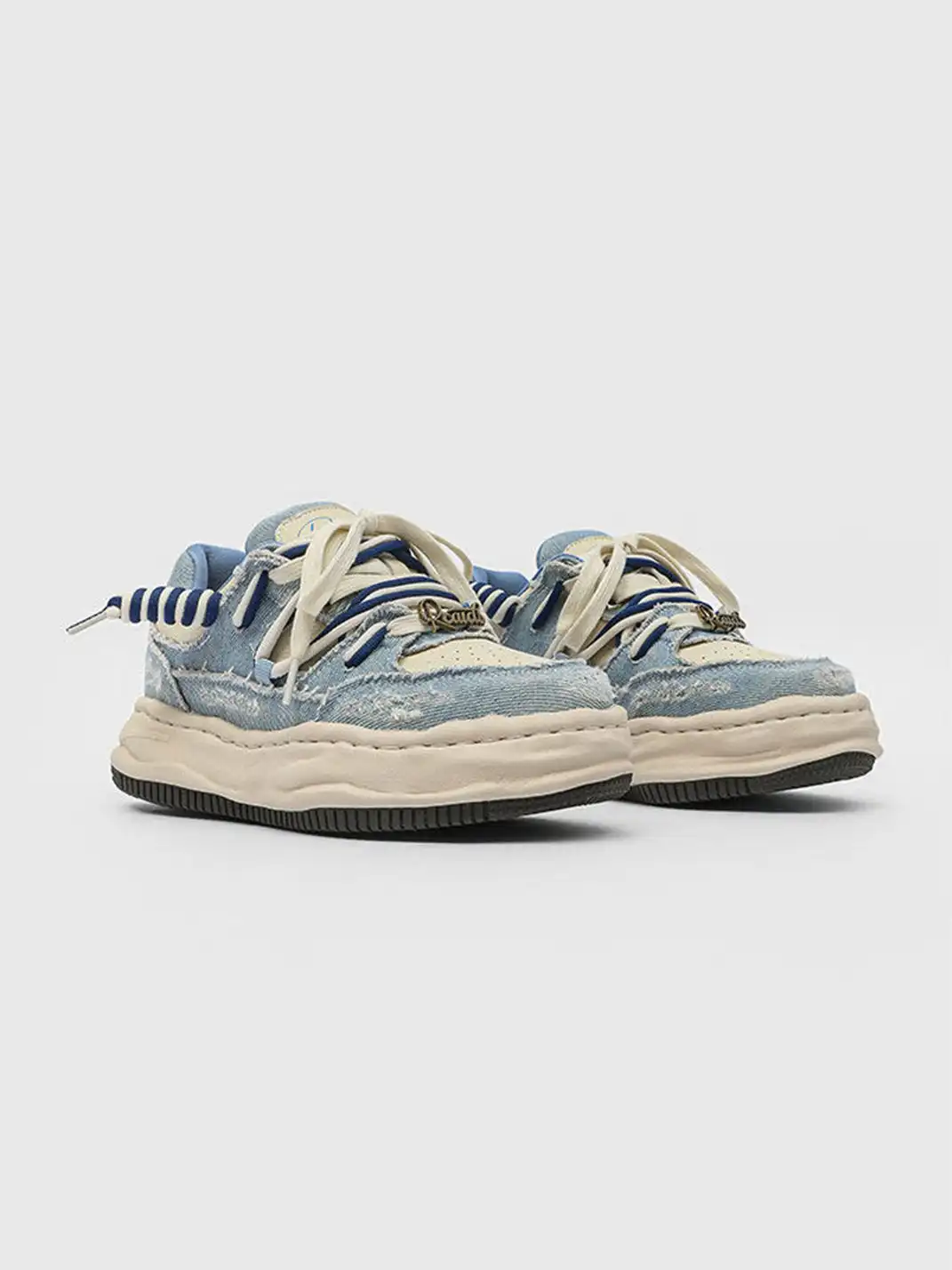 FGMM | Distressed Denim Wavy Sole Sneakers with Dual-Lace Design