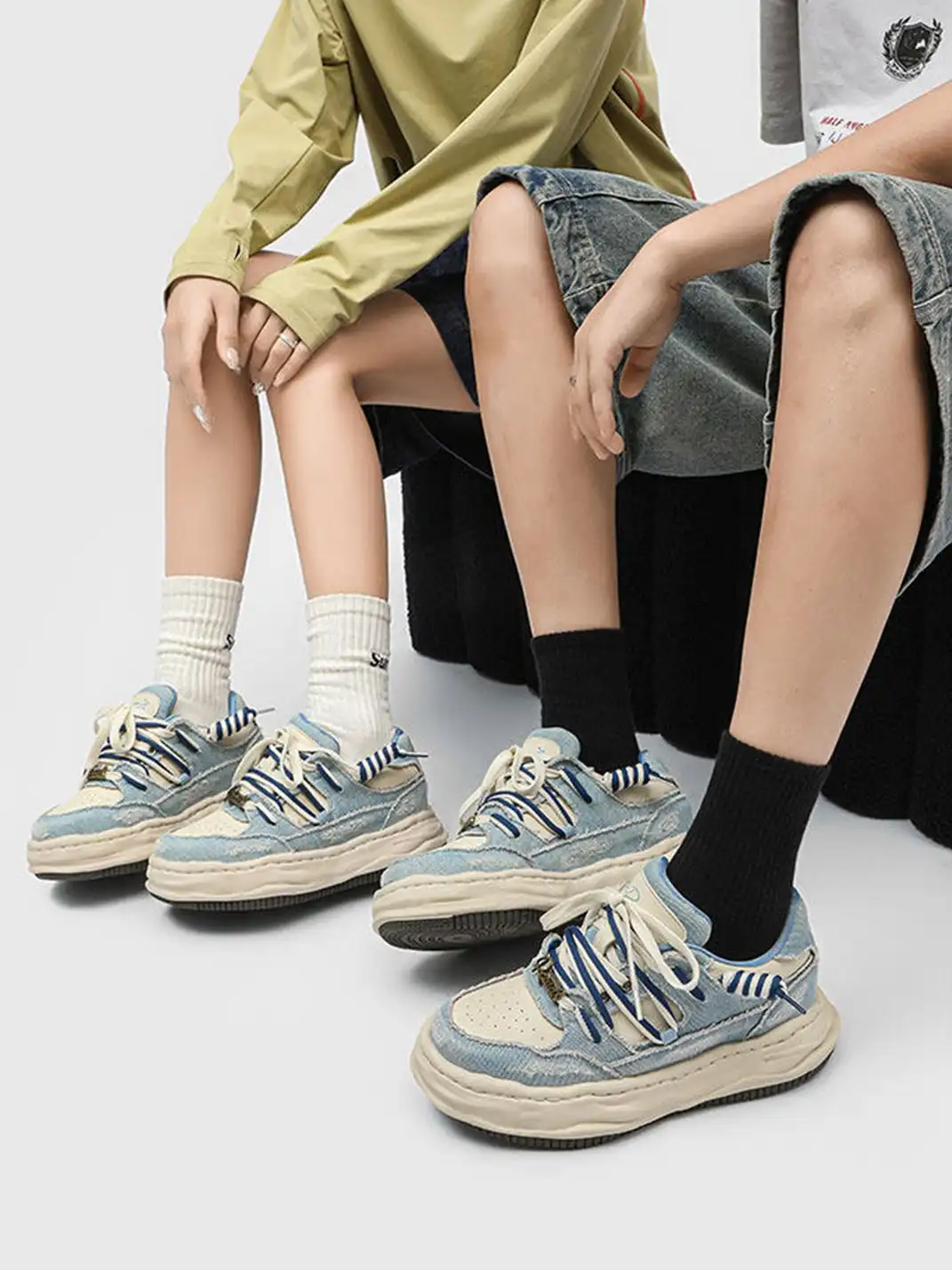 FGMM | Distressed Denim Wavy Sole Sneakers with Dual-Lace Design
