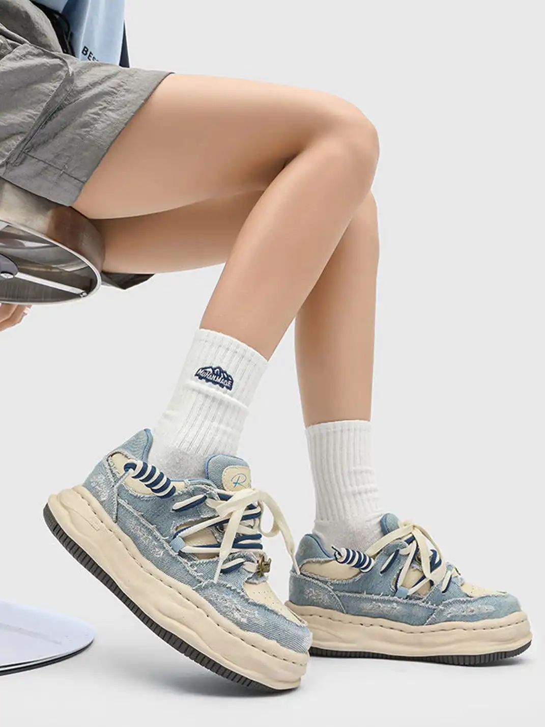 FGMM | Distressed Denim Wavy Sole Sneakers with Dual-Lace Design