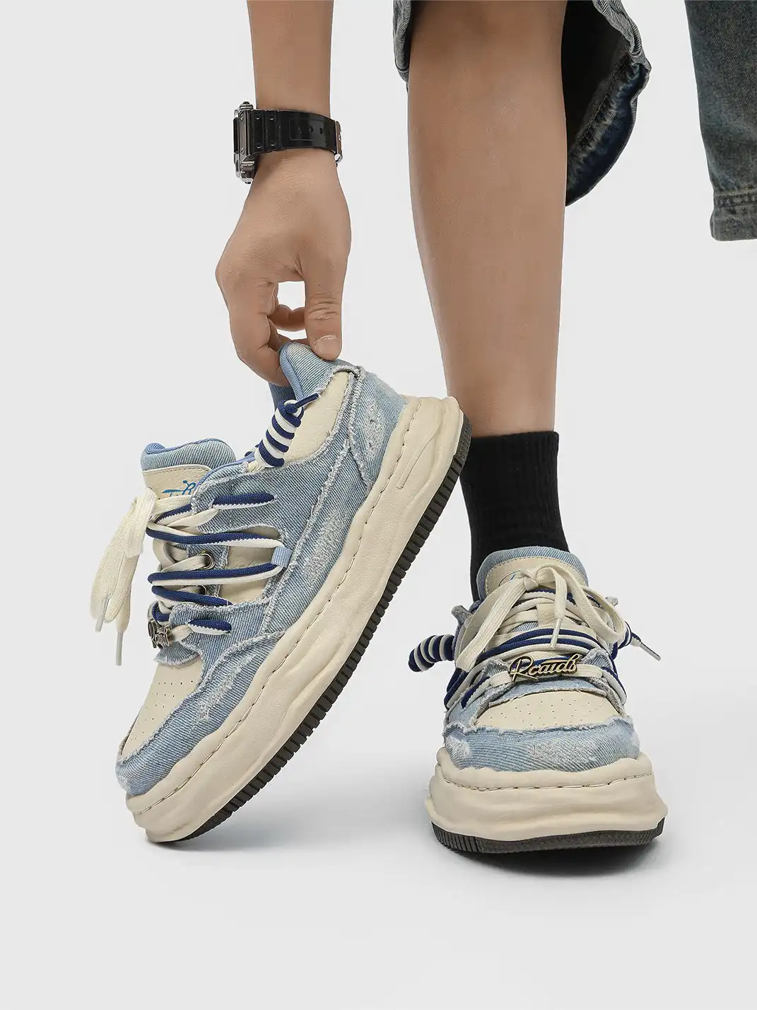 FGMM | Distressed Denim Wavy Sole Sneakers with Dual-Lace Design