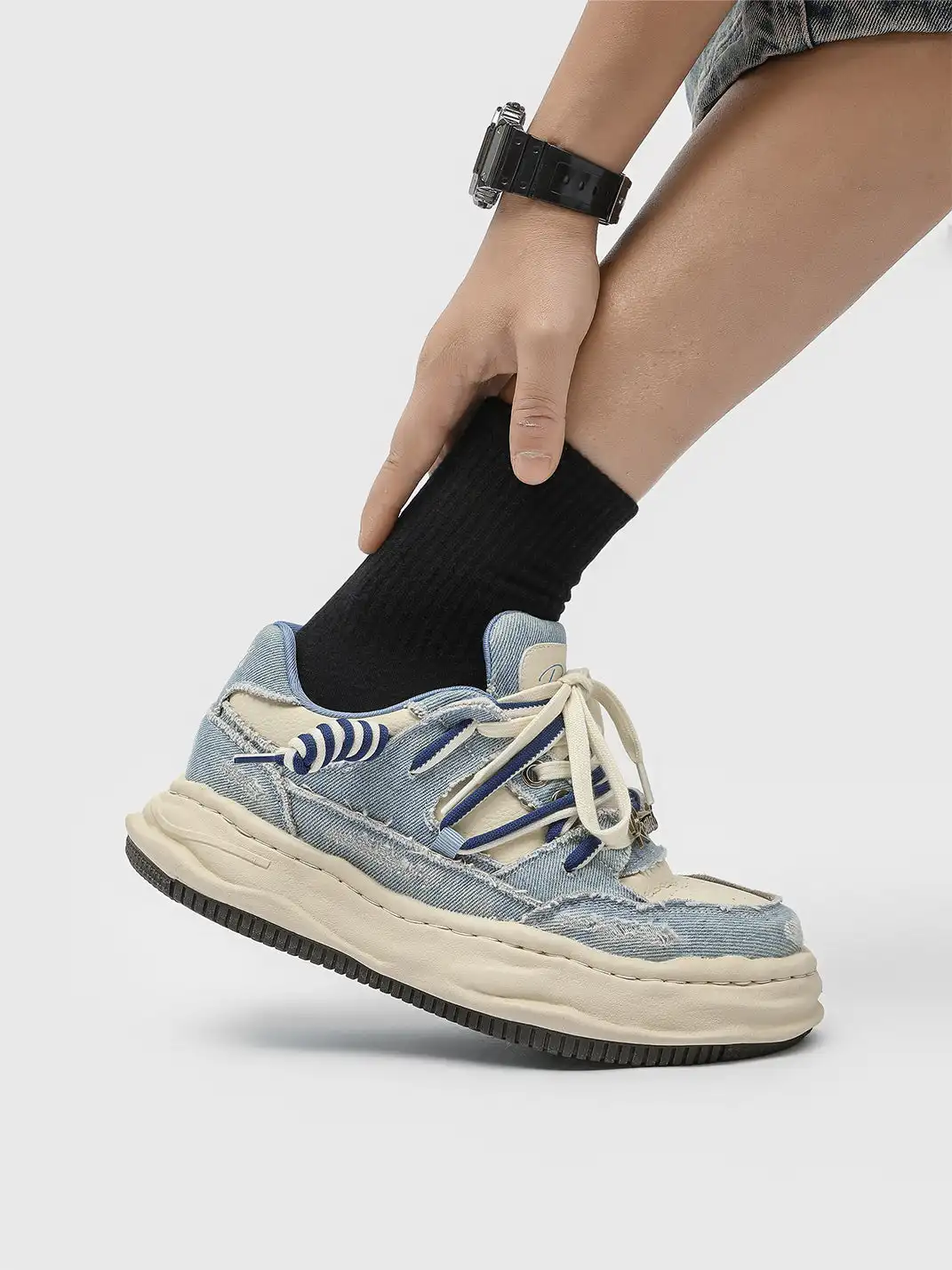 FGMM | Distressed Denim Wavy Sole Sneakers with Dual-Lace Design