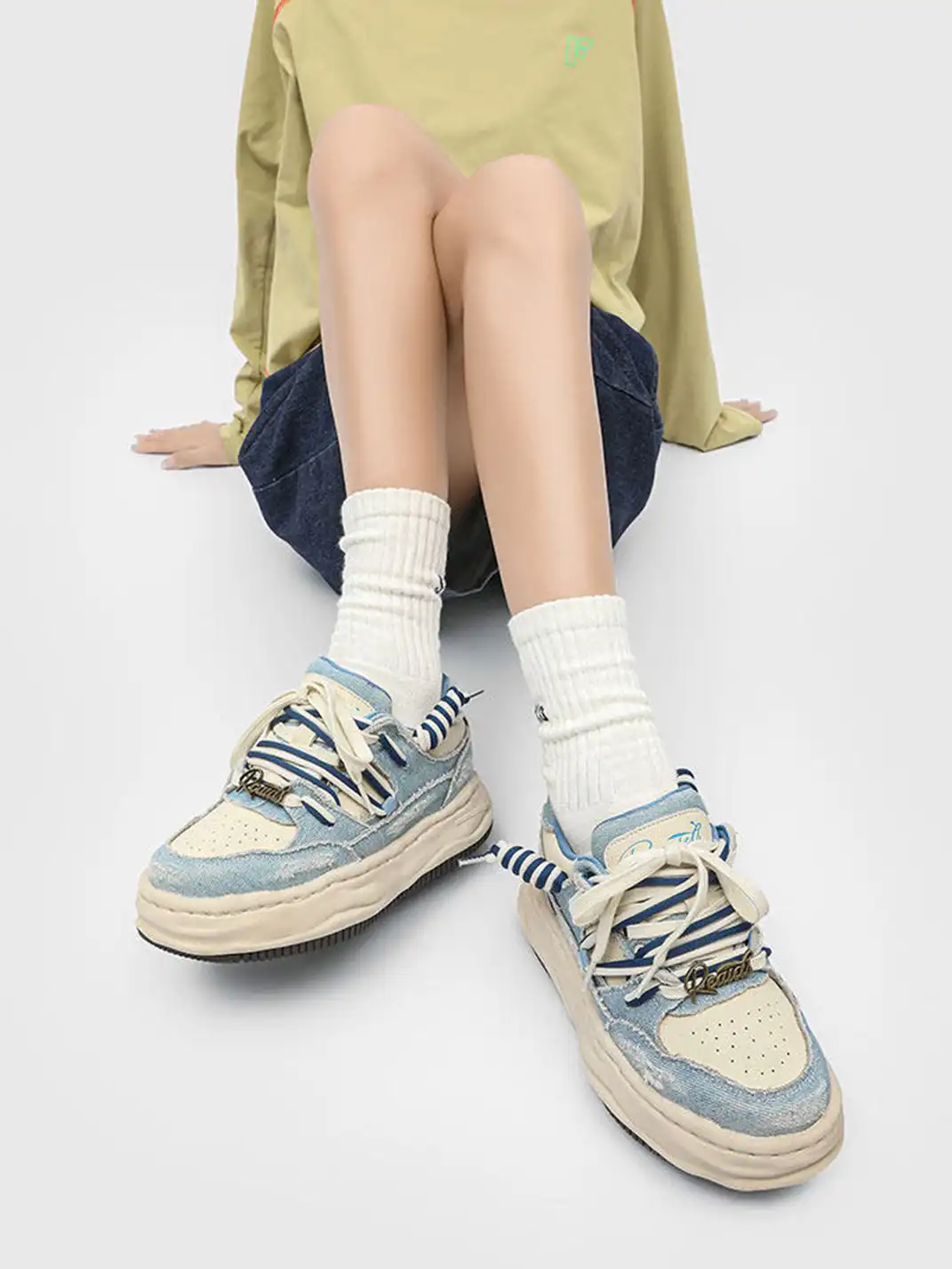 FGMM | Distressed Denim Wavy Sole Sneakers with Dual-Lace Design