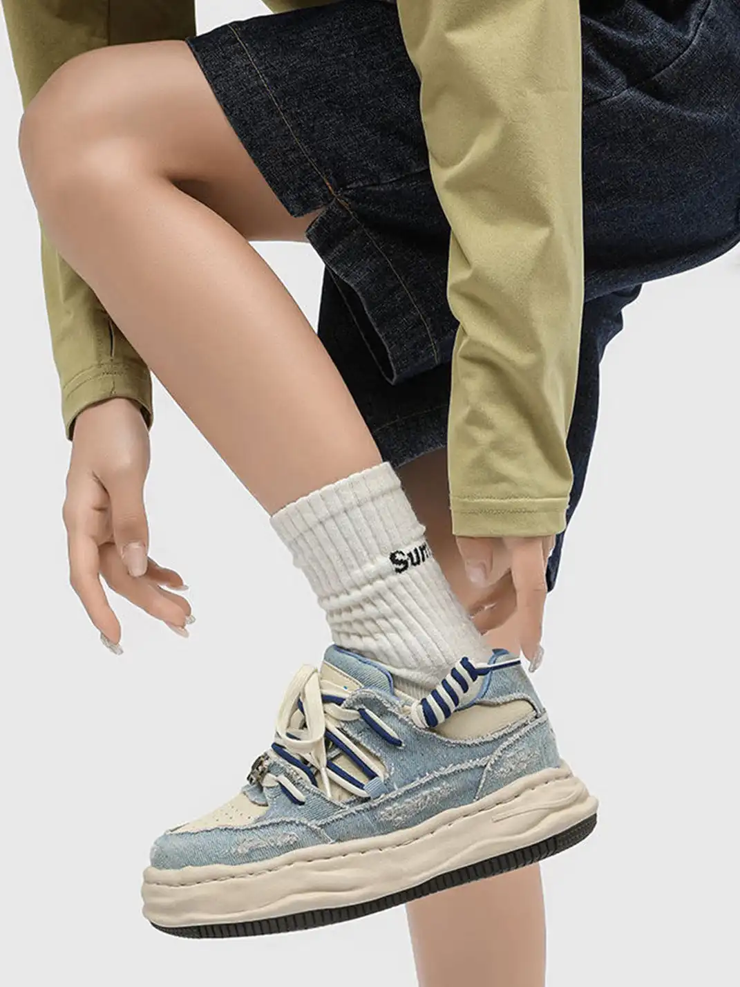 FGMM | Distressed Denim Wavy Sole Sneakers with Dual-Lace Design