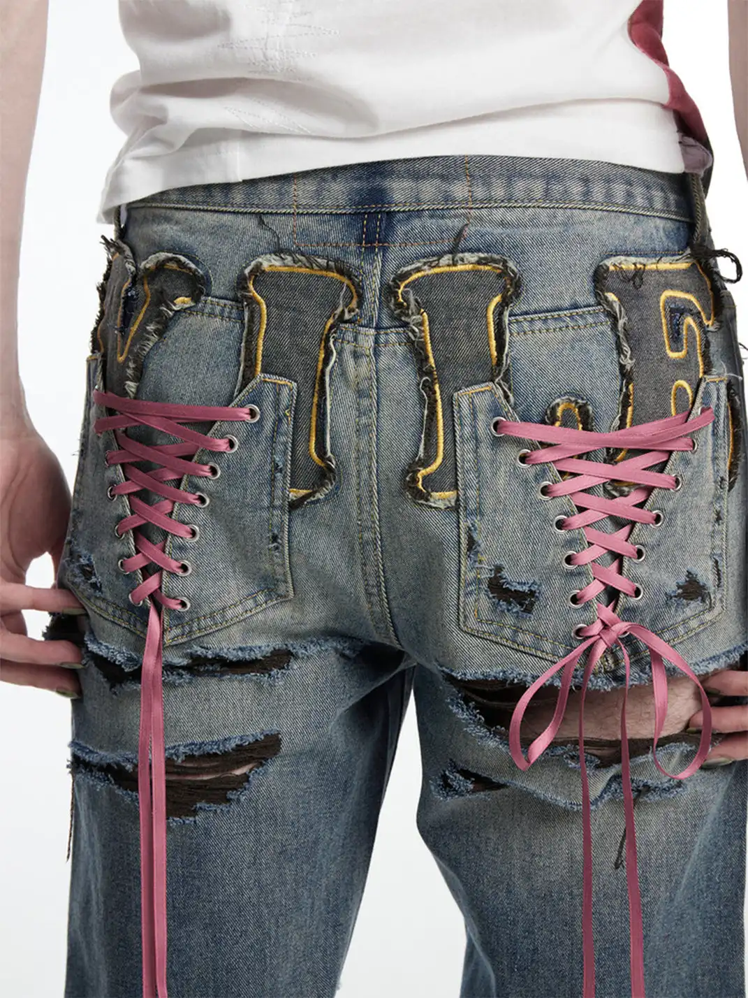 Fruitanari | Ripped Lace-Up Embroidered Jeans