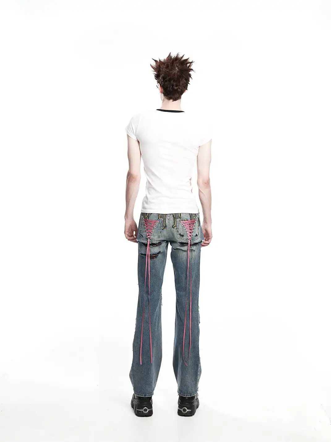 Fruitanari | Ripped Lace-Up Embroidered Jeans