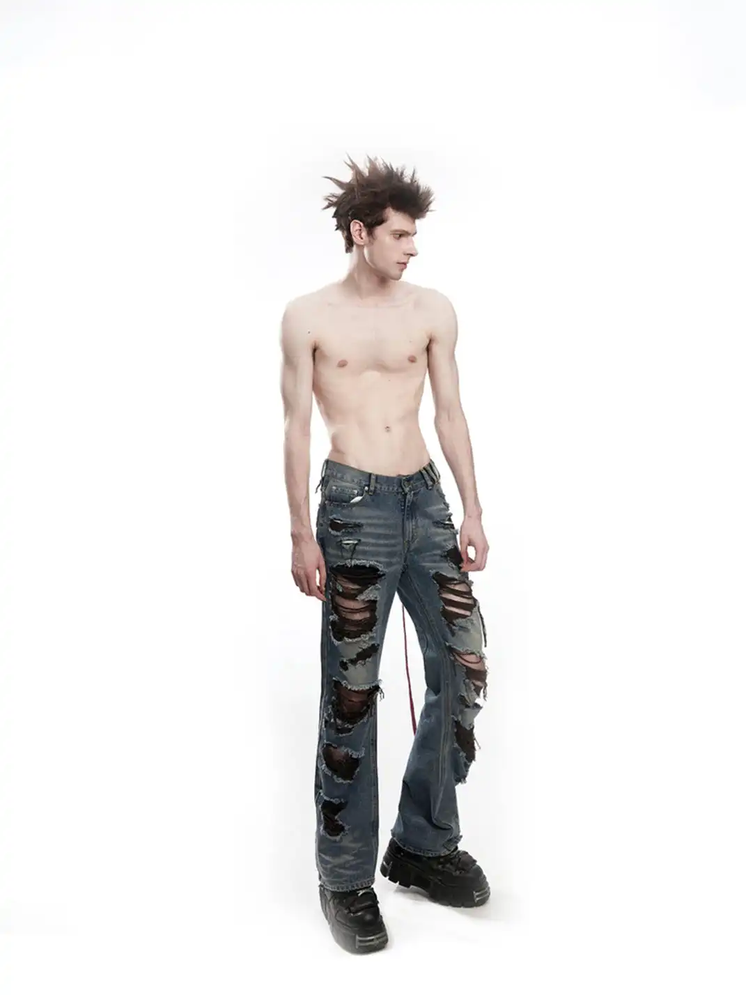 Fruitanari | Ripped Lace-Up Embroidered Jeans