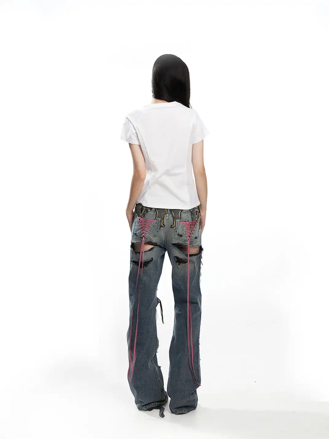 Fruitanari | Ripped Lace-Up Embroidered Jeans