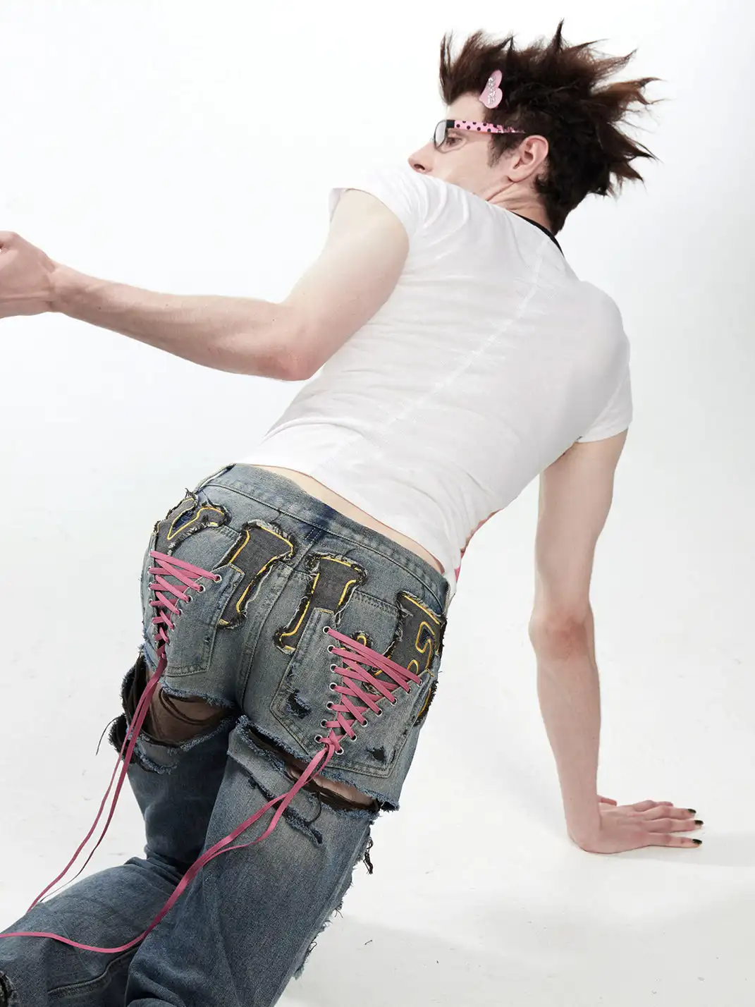 Fruitanari | Ripped Lace-Up Embroidered Jeans