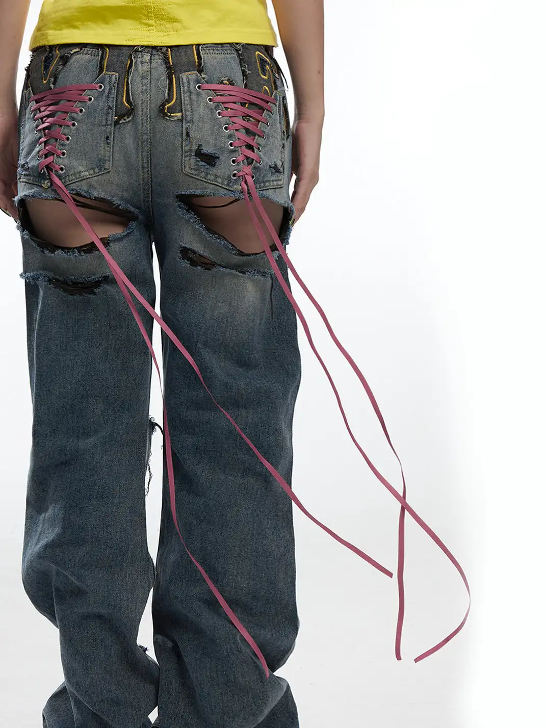 Fruitanari | Ripped Lace-Up Embroidered Jeans