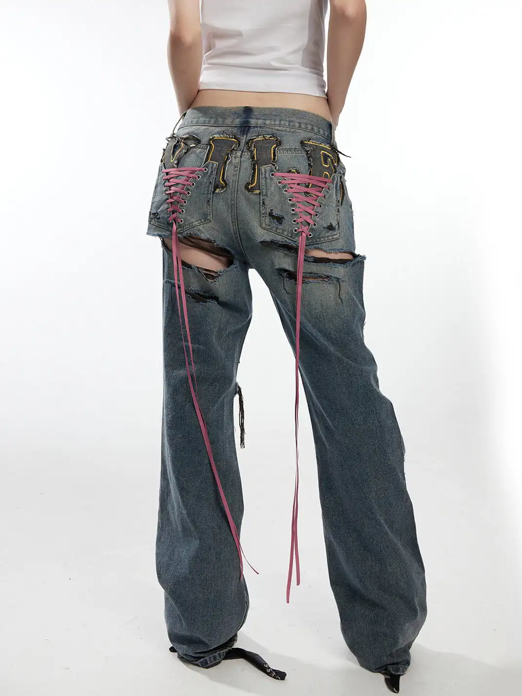Fruitanari | Ripped Lace-Up Embroidered Jeans