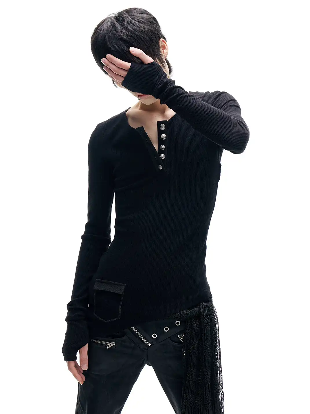 FreeOxygen | Irregular Cross-Collar Henley Sweater