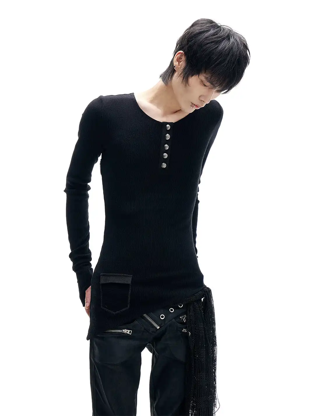 FreeOxygen | Irregular Cross-Collar Henley Sweater
