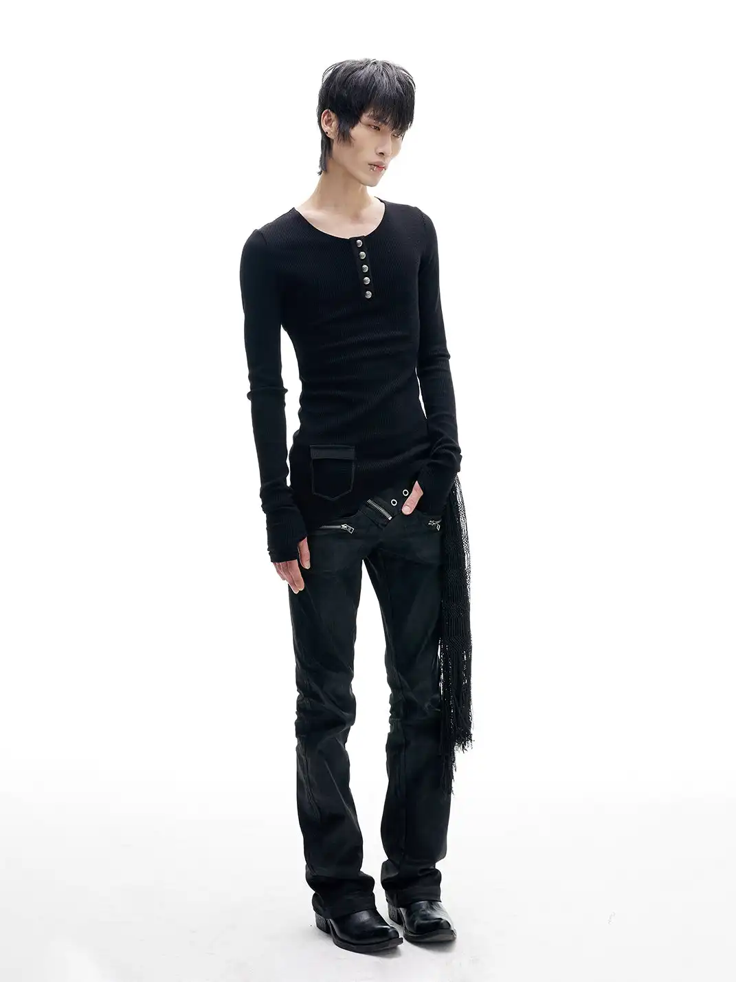 FreeOxygen | Irregular Cross-Collar Henley Sweater