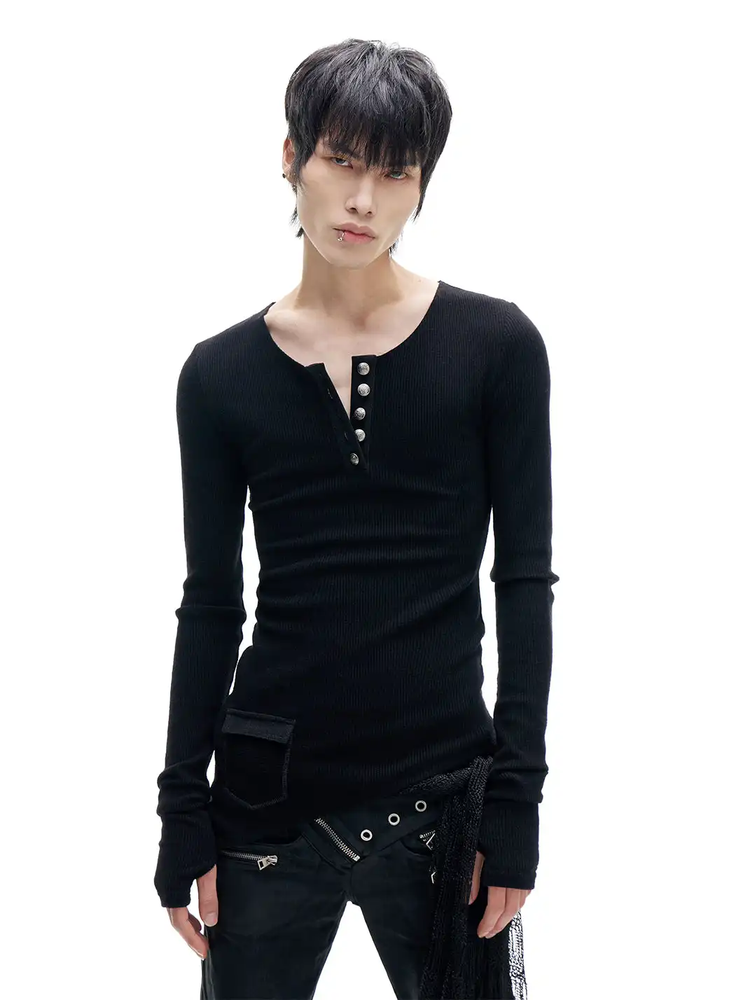 FreeOxygen | Irregular Cross-Collar Henley Sweater
