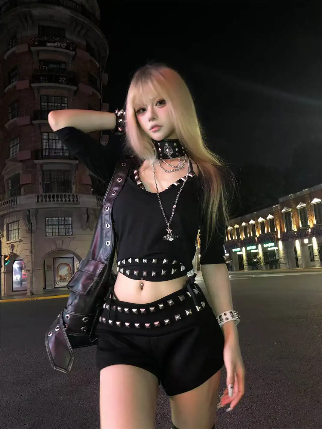 FreeOxygen | Heavy Industry Square Rivet Mid-Sleeve Top