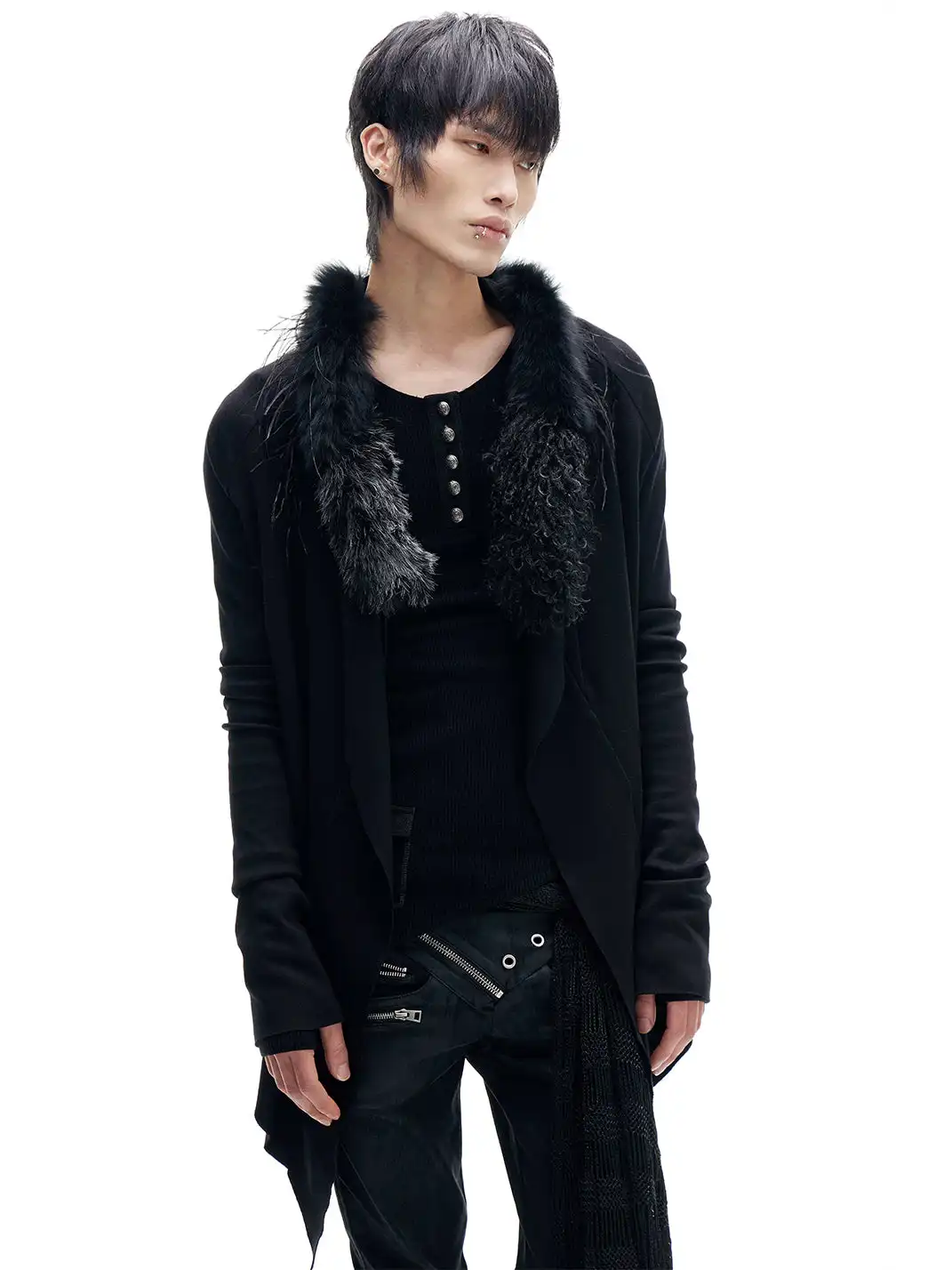 FreeOxygen | Ostrich Feather Collar Knit Cardigan