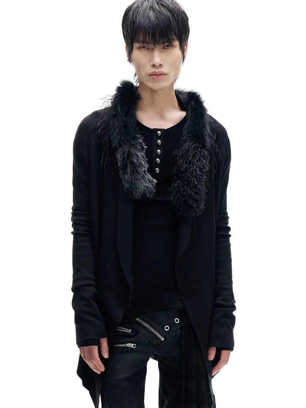 FreeOxygen | Ostrich Feather Collar Knit Cardigan