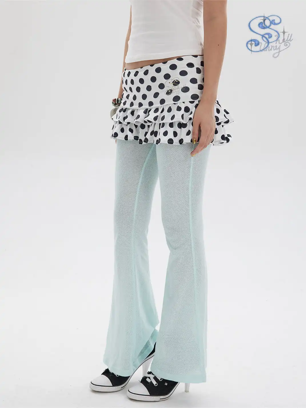 SUNNY | Polka Dot Perforated Rhinestone Flared Pants Skirt