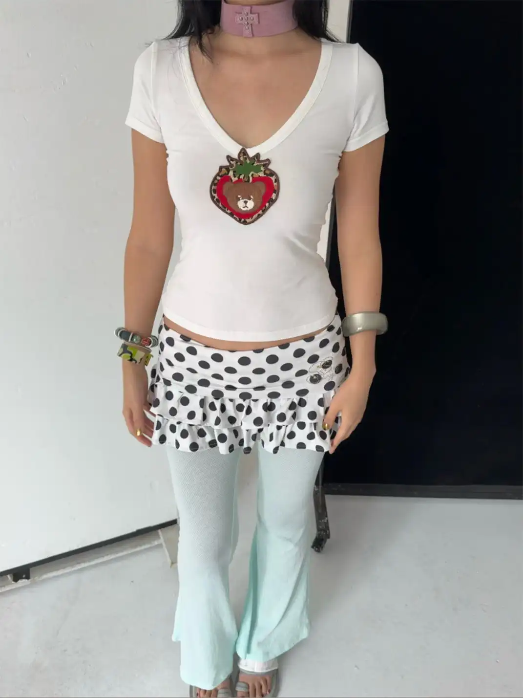 SUNNY | Polka Dot Perforated Rhinestone Flared Pants Skirt