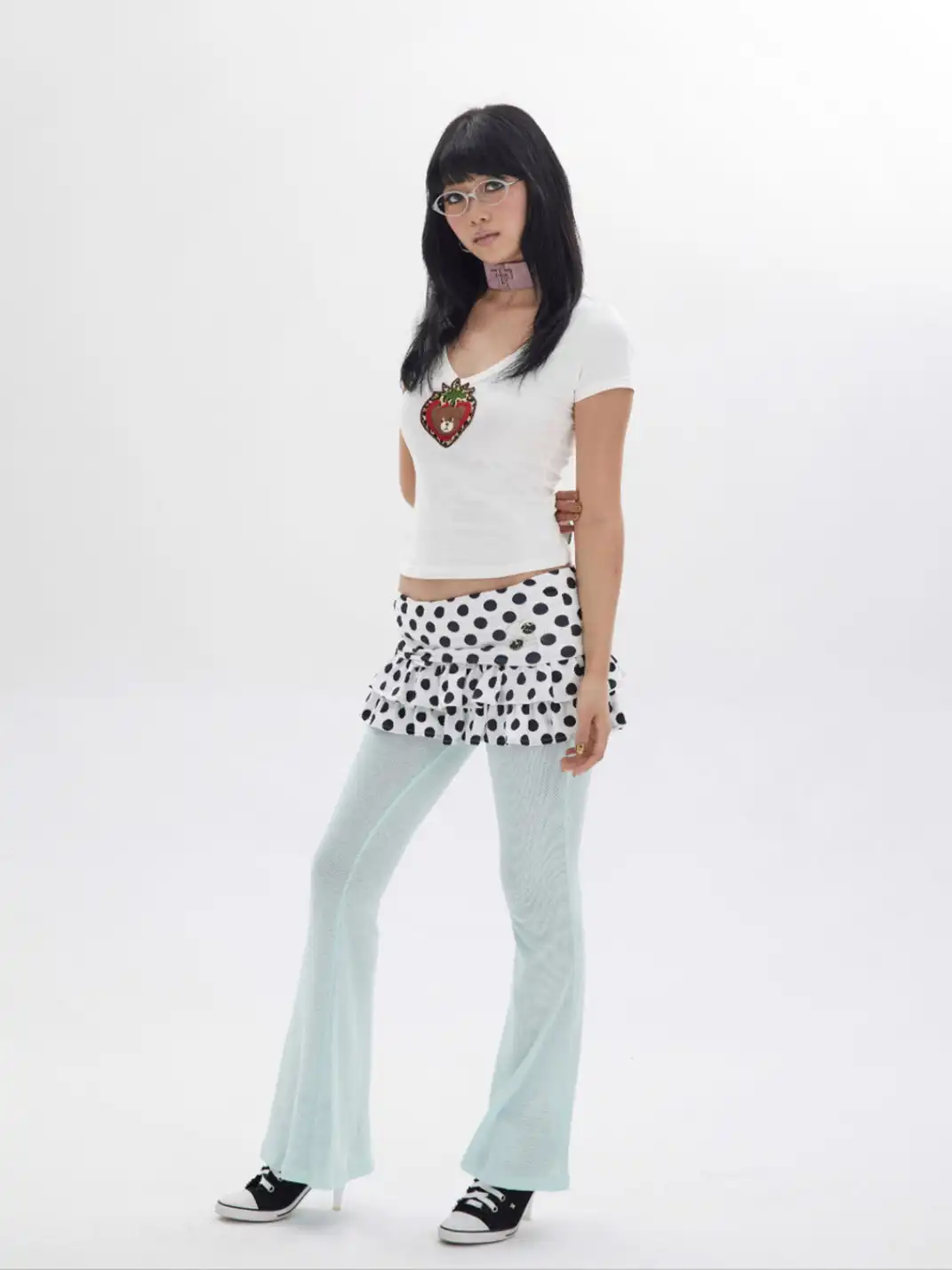 SUNNY | Polka Dot Perforated Rhinestone Flared Pants Skirt