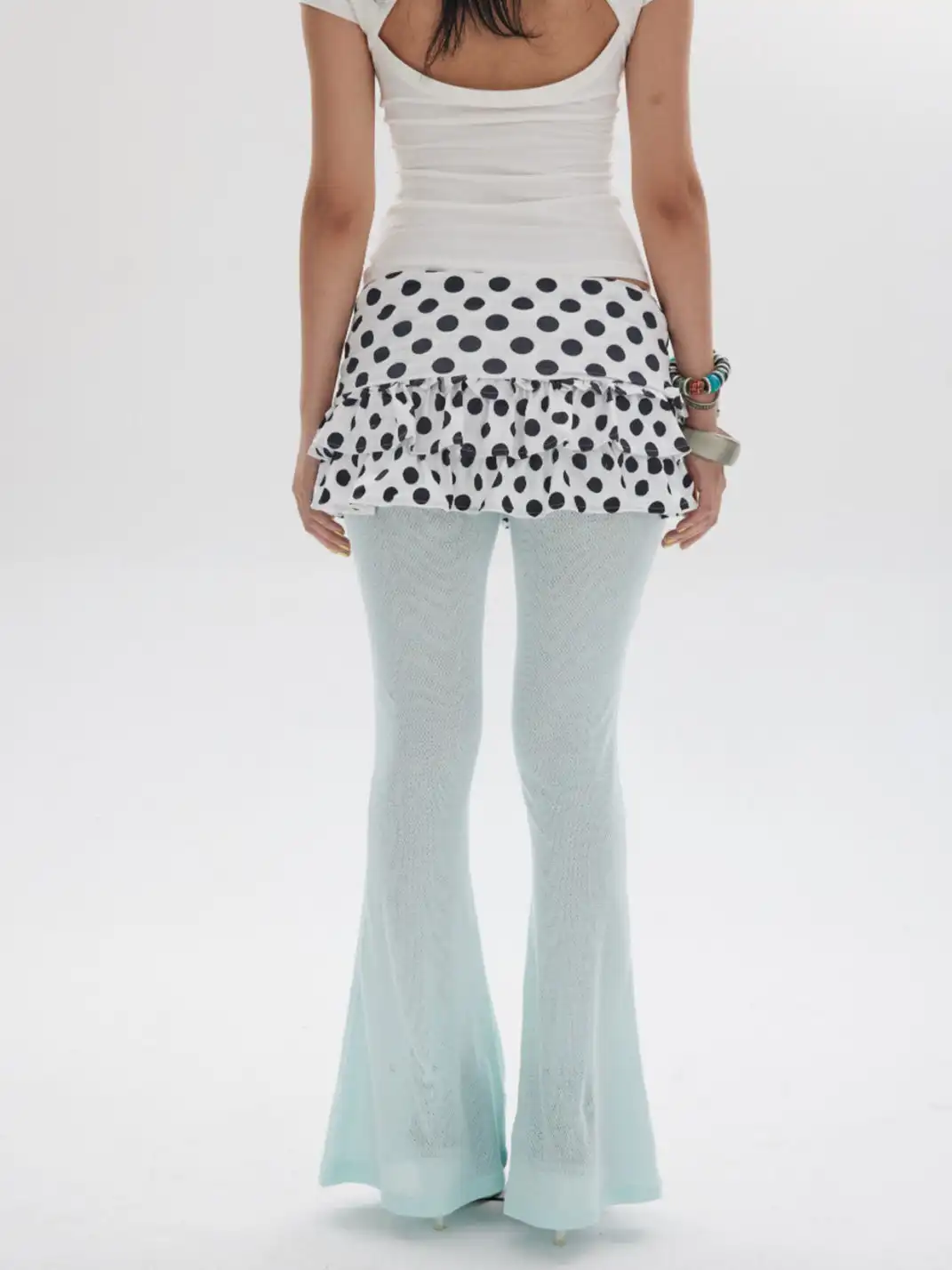SUNNY | Polka Dot Perforated Rhinestone Flared Pants Skirt
