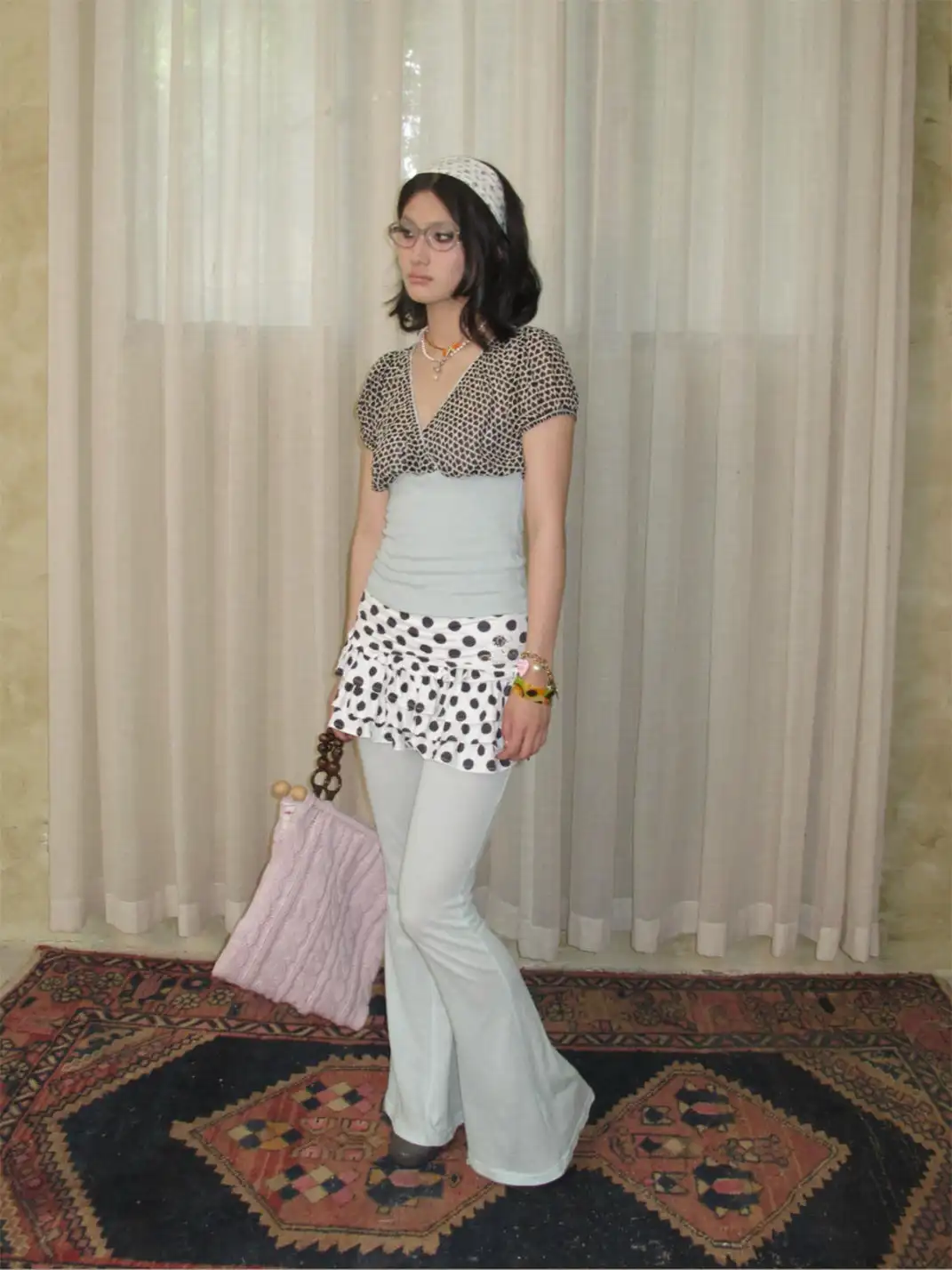 SUNNY | Polka Dot Perforated Rhinestone Flared Pants Skirt
