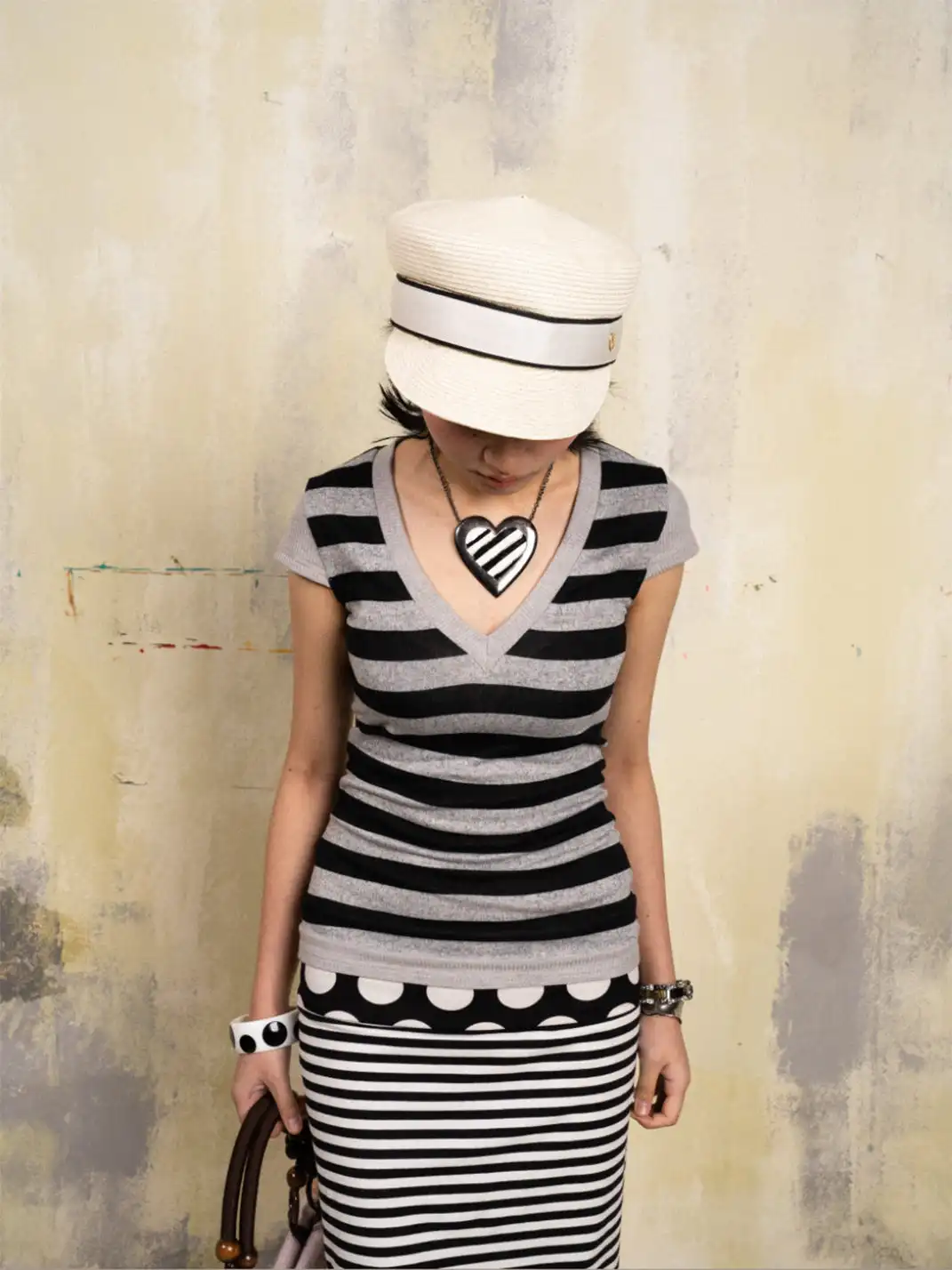 SUNNY | V-Neck Striped Patchwork Short-Sleeved Top