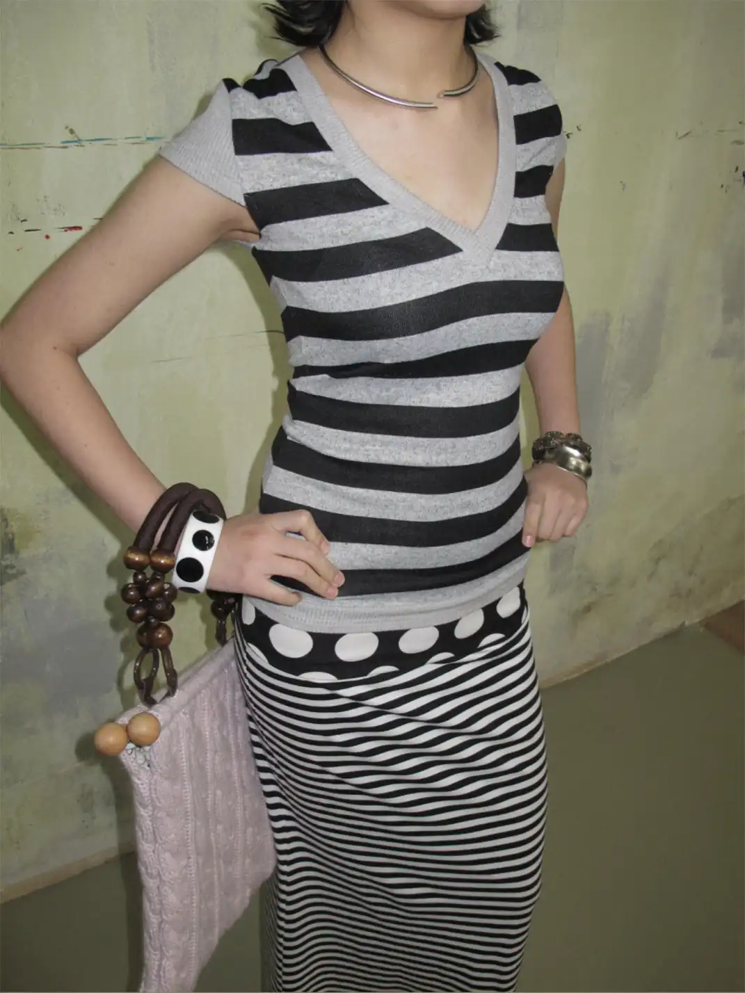 SUNNY | V-Neck Striped Patchwork Short-Sleeved Top