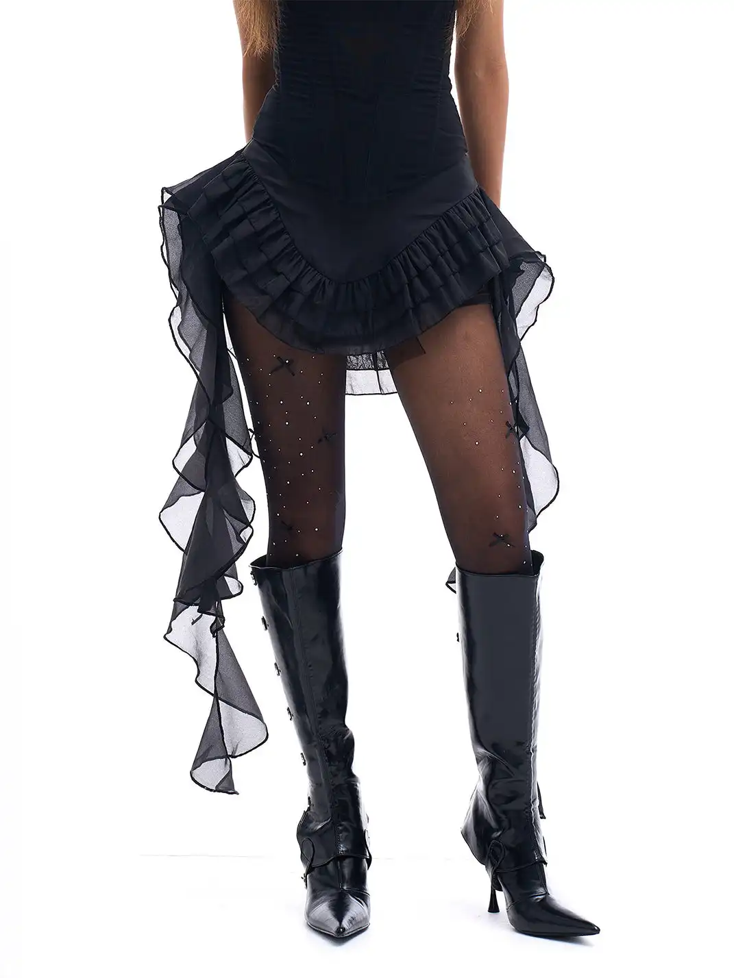 STE | Mesh Irregular Ruffle Ribbon Pants Skirt